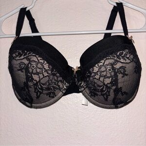 Gilligan & O'Malley Woman’s Black Lace Push-Up Bra with Bow Detail, Size 34D